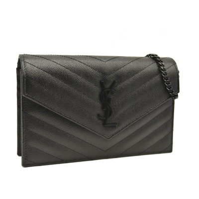 NEW SAINT LAURENT Grain De Poudre Matelasse Chevron Monogram Chain Wallet Black Noir