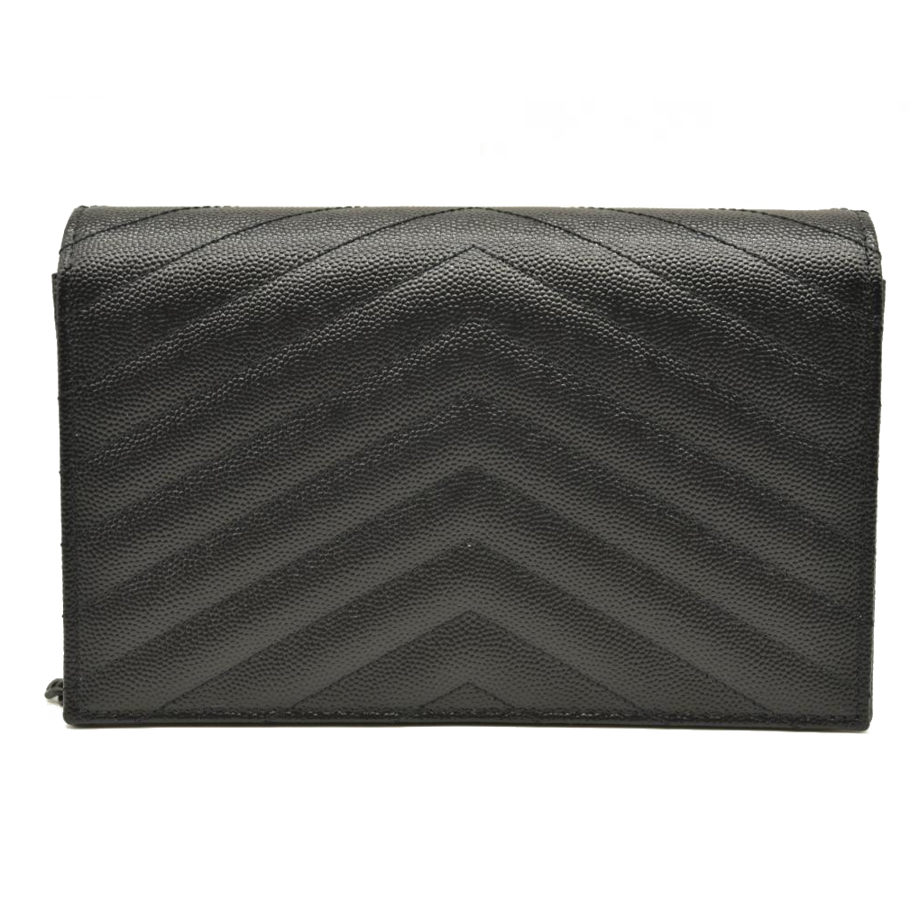 NEW SAINT LAURENT Grain De Poudre Matelasse Chevron Monogram Chain Wallet Black Noir