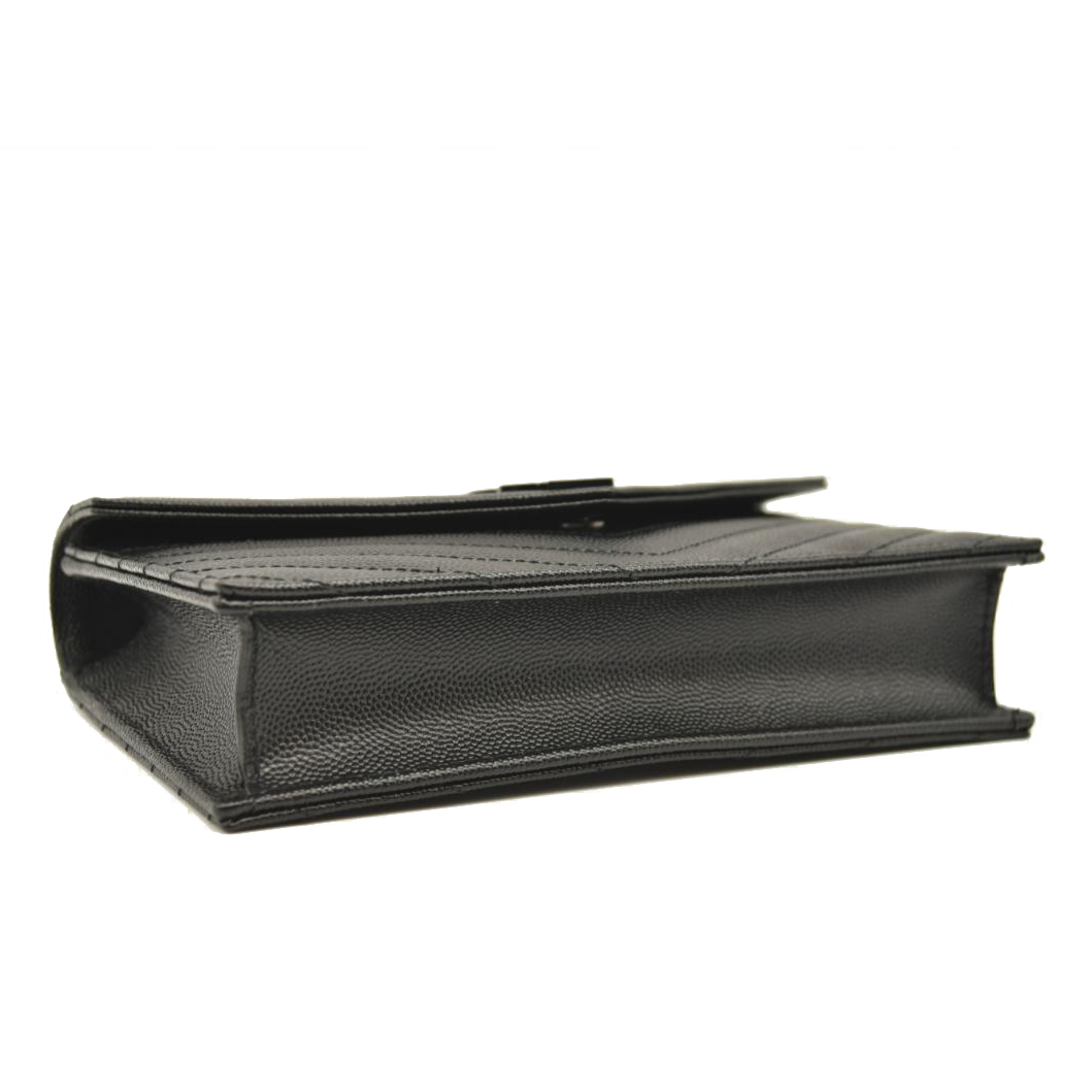 NEW SAINT LAURENT Grain De Poudre Matelasse Chevron Monogram Chain Wallet Black Noir