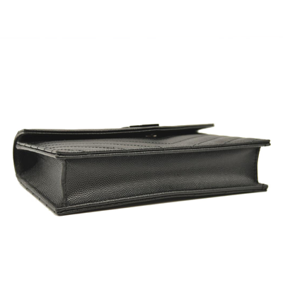 NEW SAINT LAURENT Grain De Poudre Matelasse Chevron Monogram Chain Wallet Black Noir