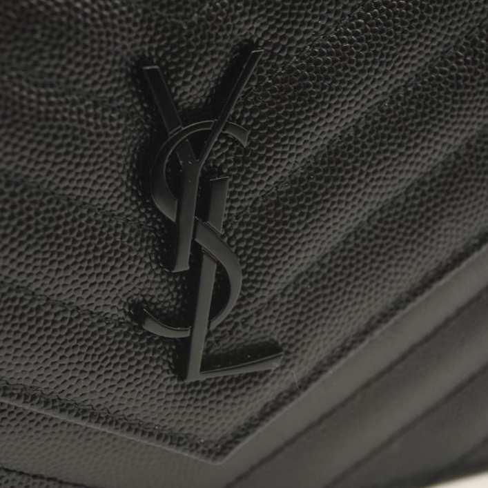 NEW SAINT LAURENT Grain De Poudre Matelasse Chevron Monogram Chain Wallet Black Noir