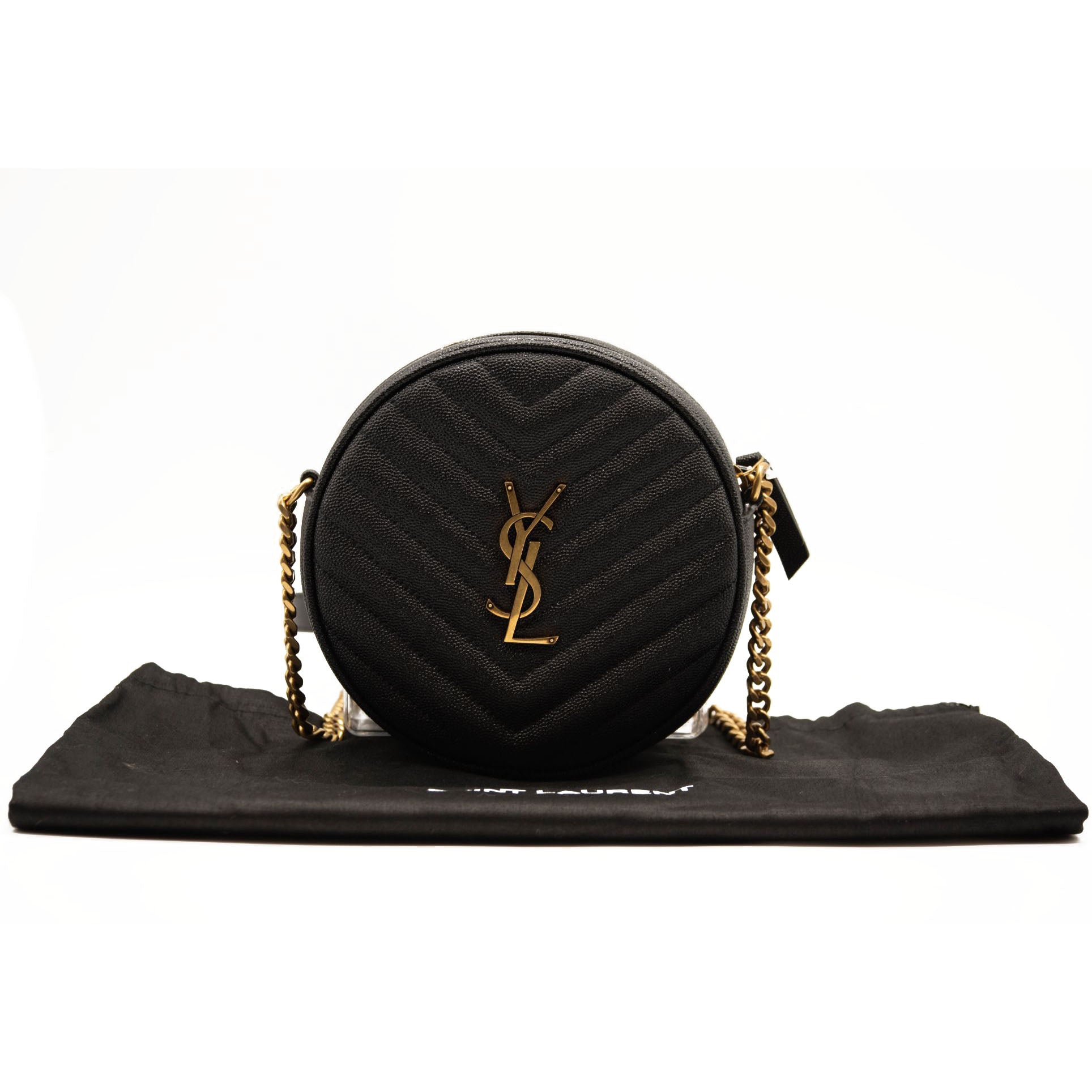 NEW SAINT LAURENT Grain De Poudre Matelasse Chevron Quilted Round Vinyle Camera Bag Black