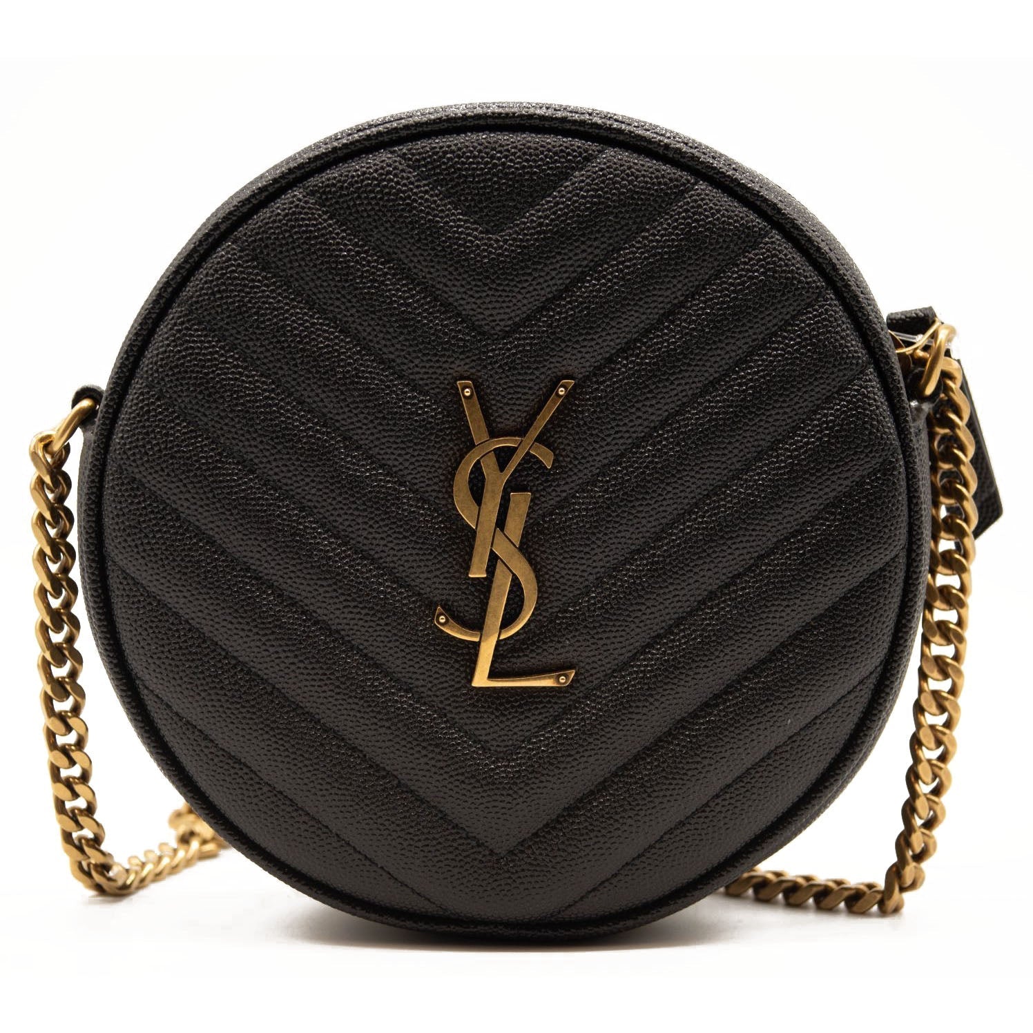 NEW SAINT LAURENT Grain De Poudre Matelasse Chevron Quited Round Vinyle Camera Bag Black