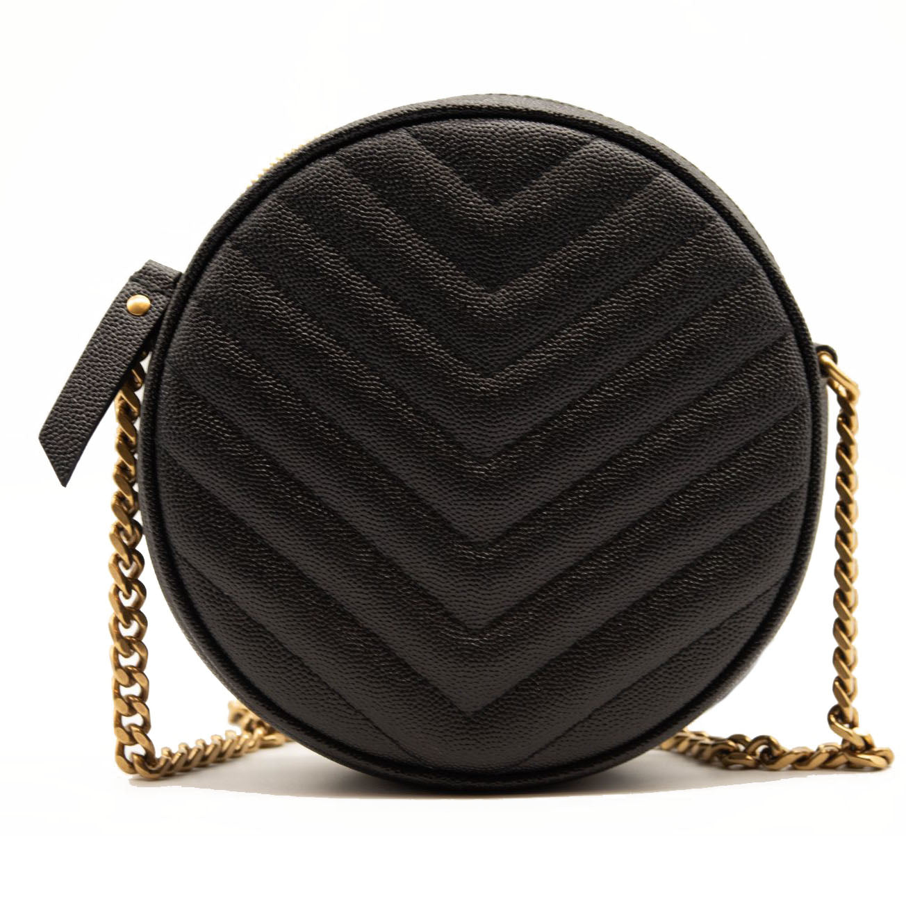 NEW SAINT LAURENT Grain De Poudre Matelasse Chevron Quilted Round Vinyle Camera Bag Black