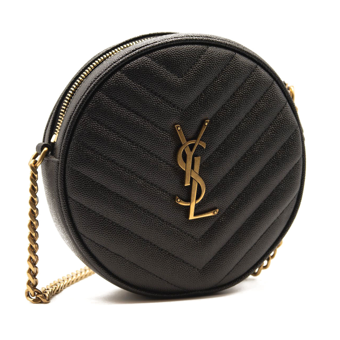 NEW SAINT LAURENT Grain De Poudre Matelasse Chevron Quited Round Vinyle Camera Bag Black