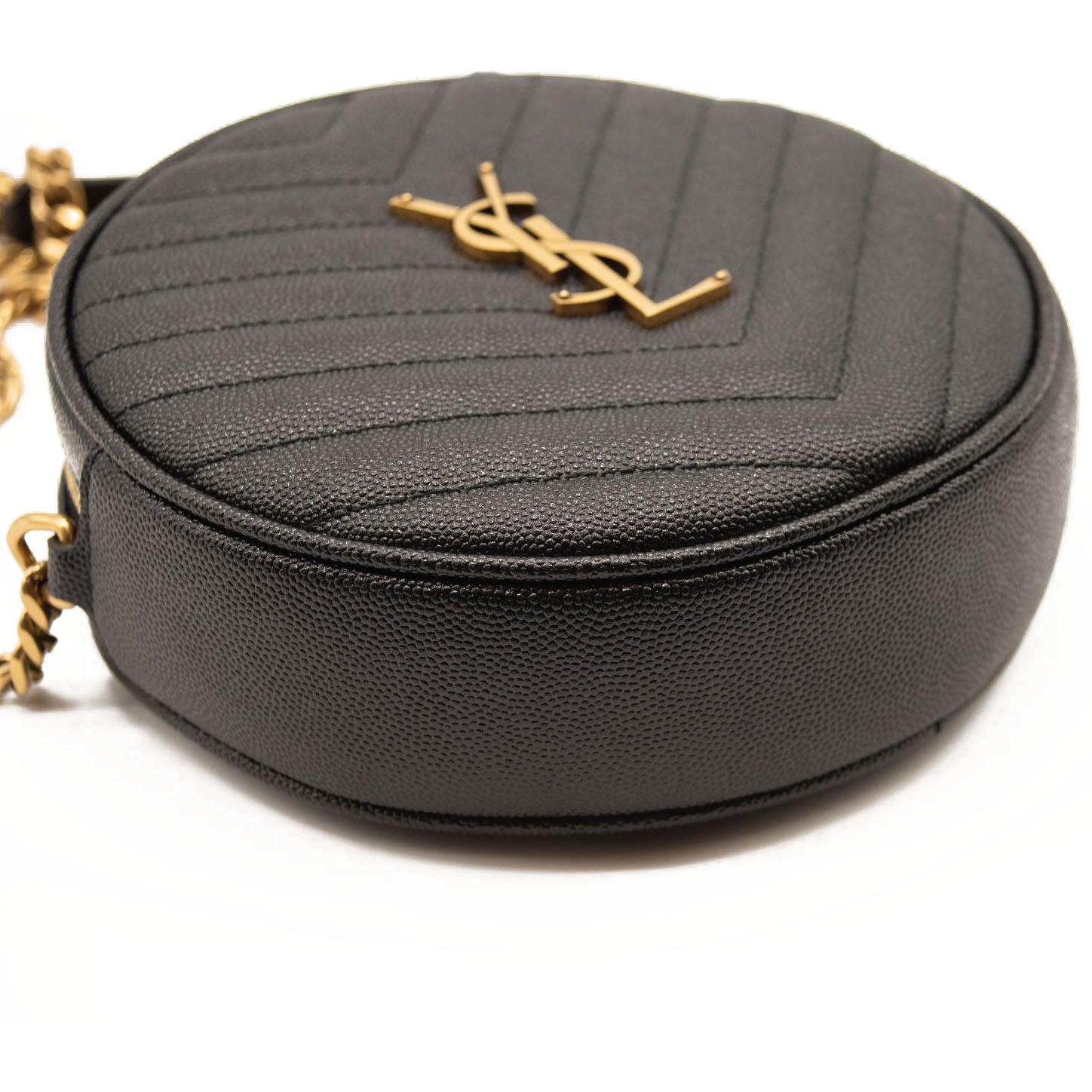 NEW SAINT LAURENT Grain De Poudre Matelasse Chevron Quilted Round Vinyle Camera Bag Black