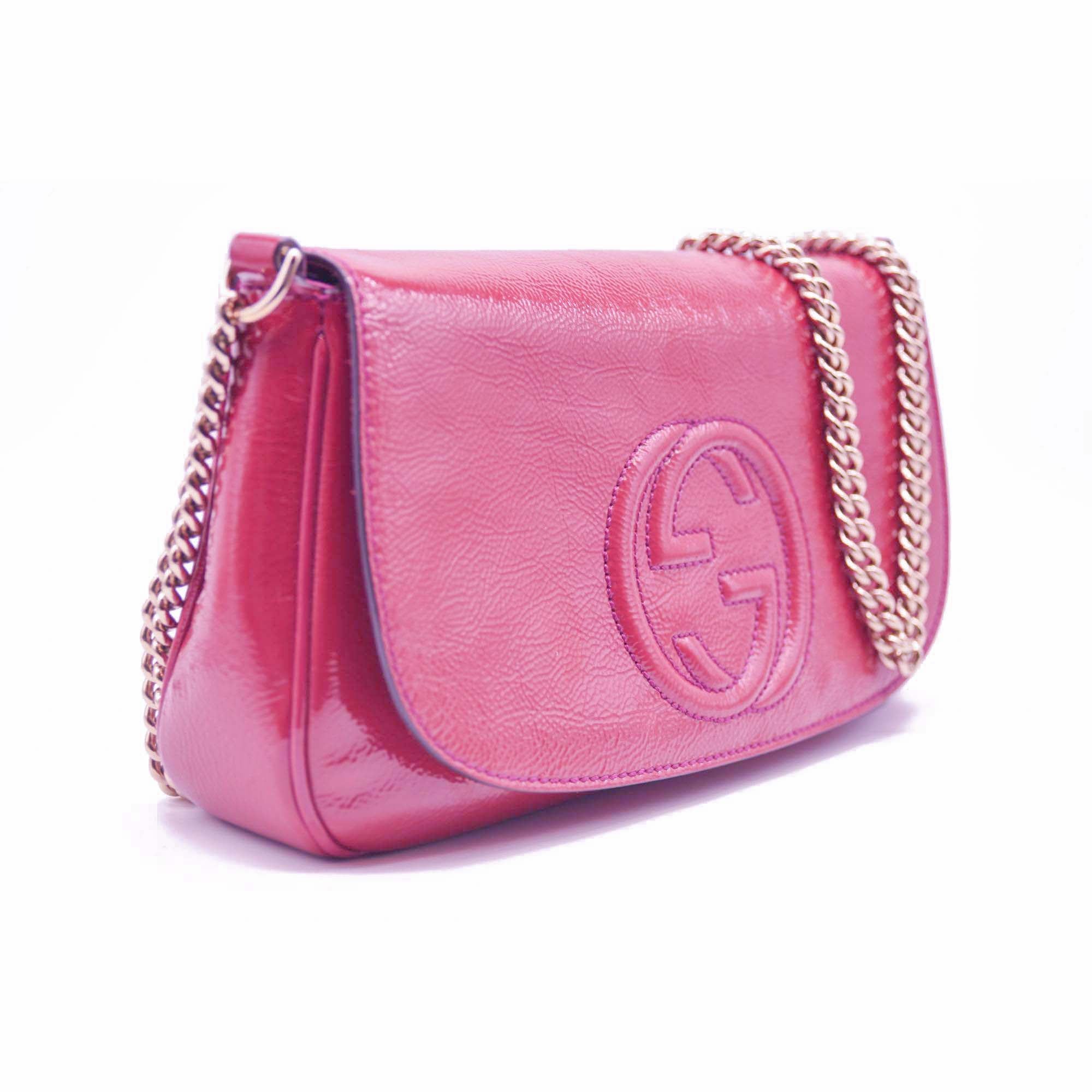 Gucci Patent Medium Soho Flap Crossbody Bright Bougainvillea
