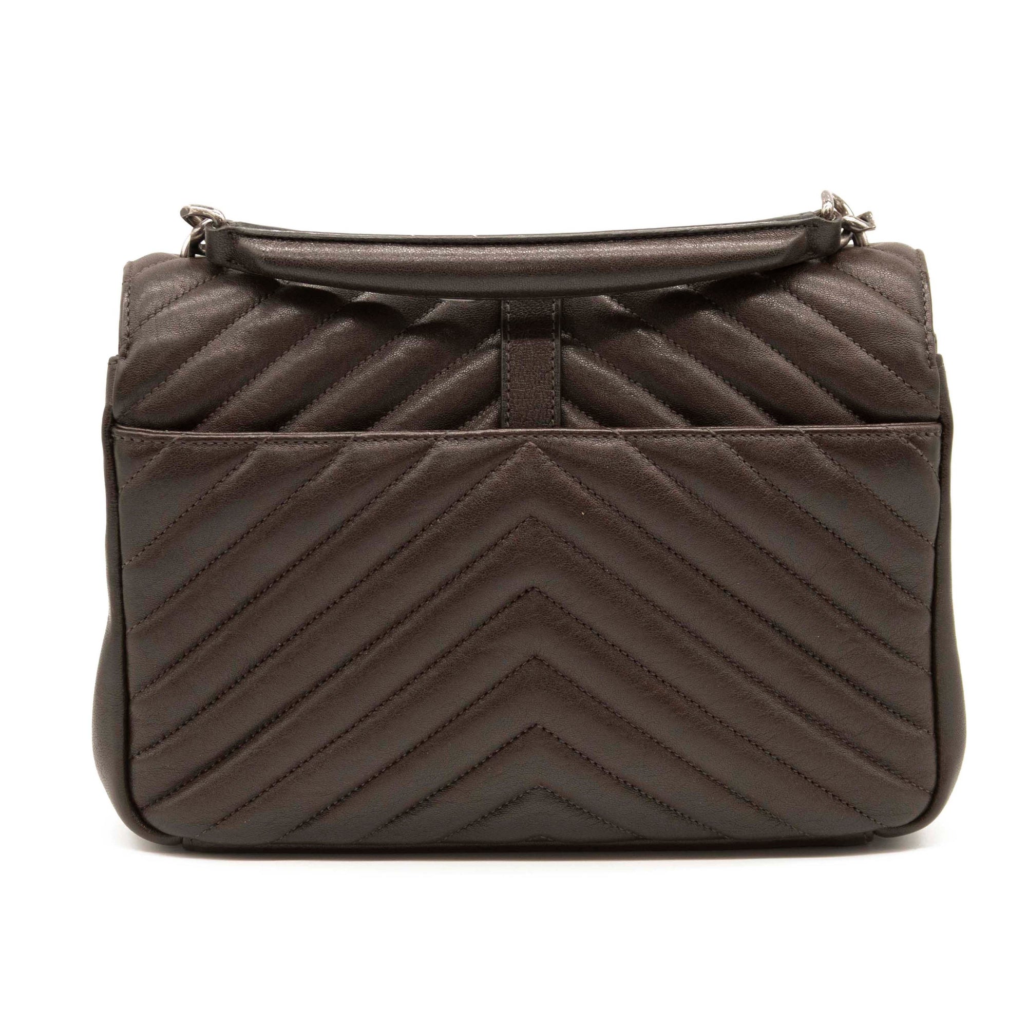 USED Saint Laurent Sheepskin Matelasse Chevron Monogram Medium College Bag Grey