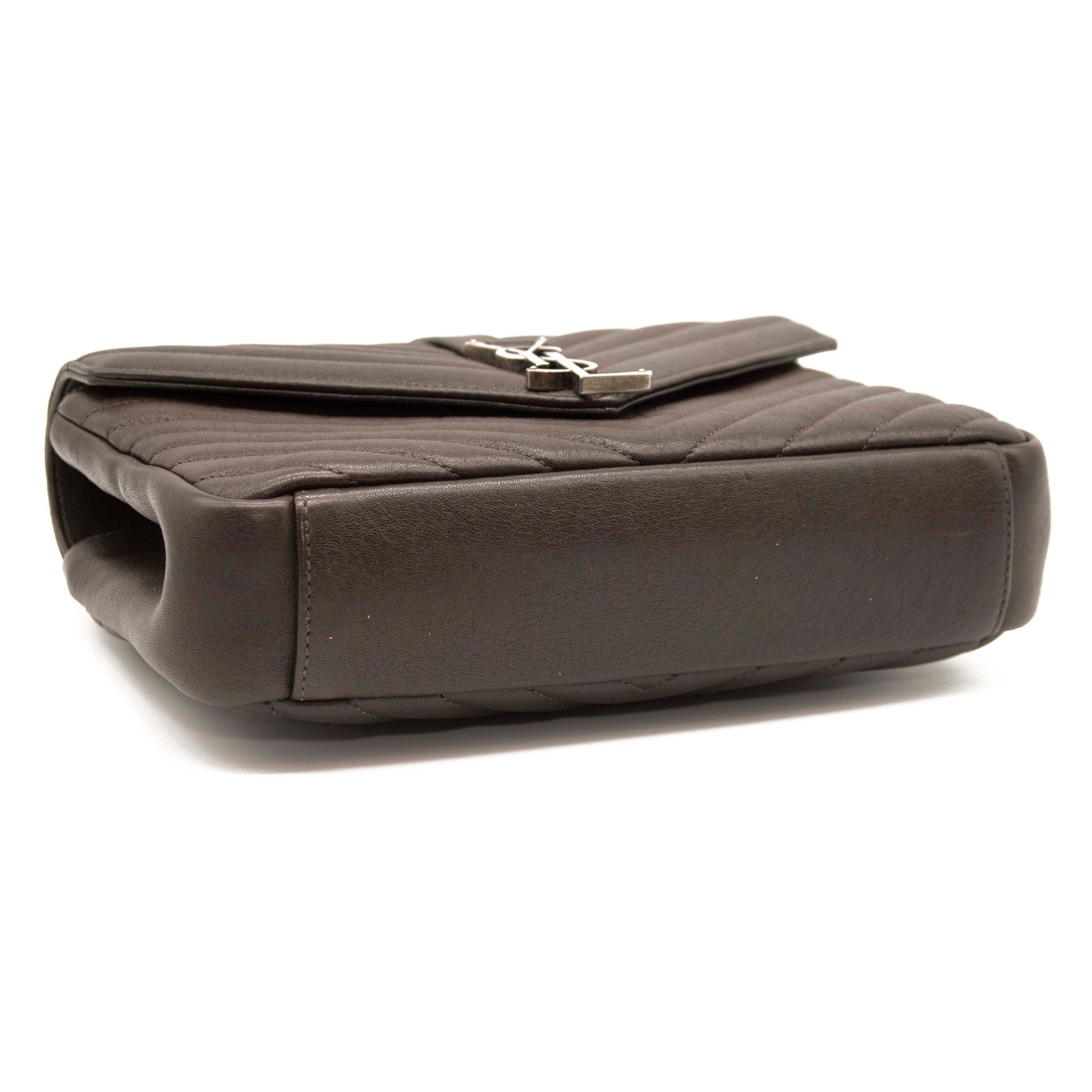 USED Saint Laurent Sheepskin Matelasse Chevron Monogram Medium College Bag Grey