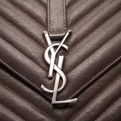 USED Saint Laurent Sheepskin Matelasse Chevron Monogram Medium College Bag Grey