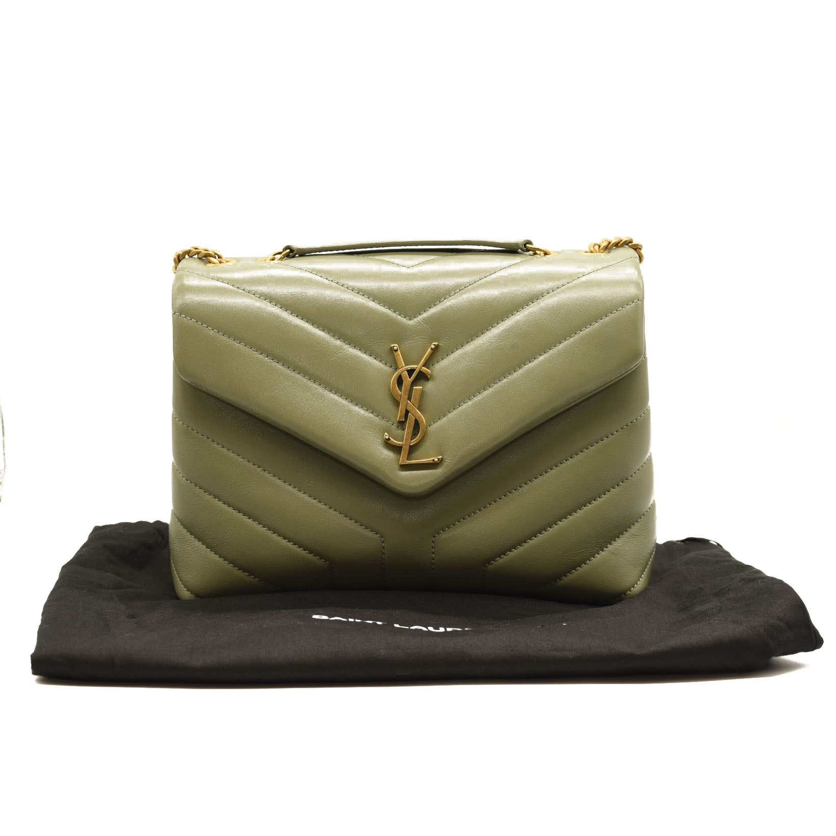 NEW $2990 SAINT LAURENT Calfskin Y Quilted Monogram Small Loulou Chain Satchel Green