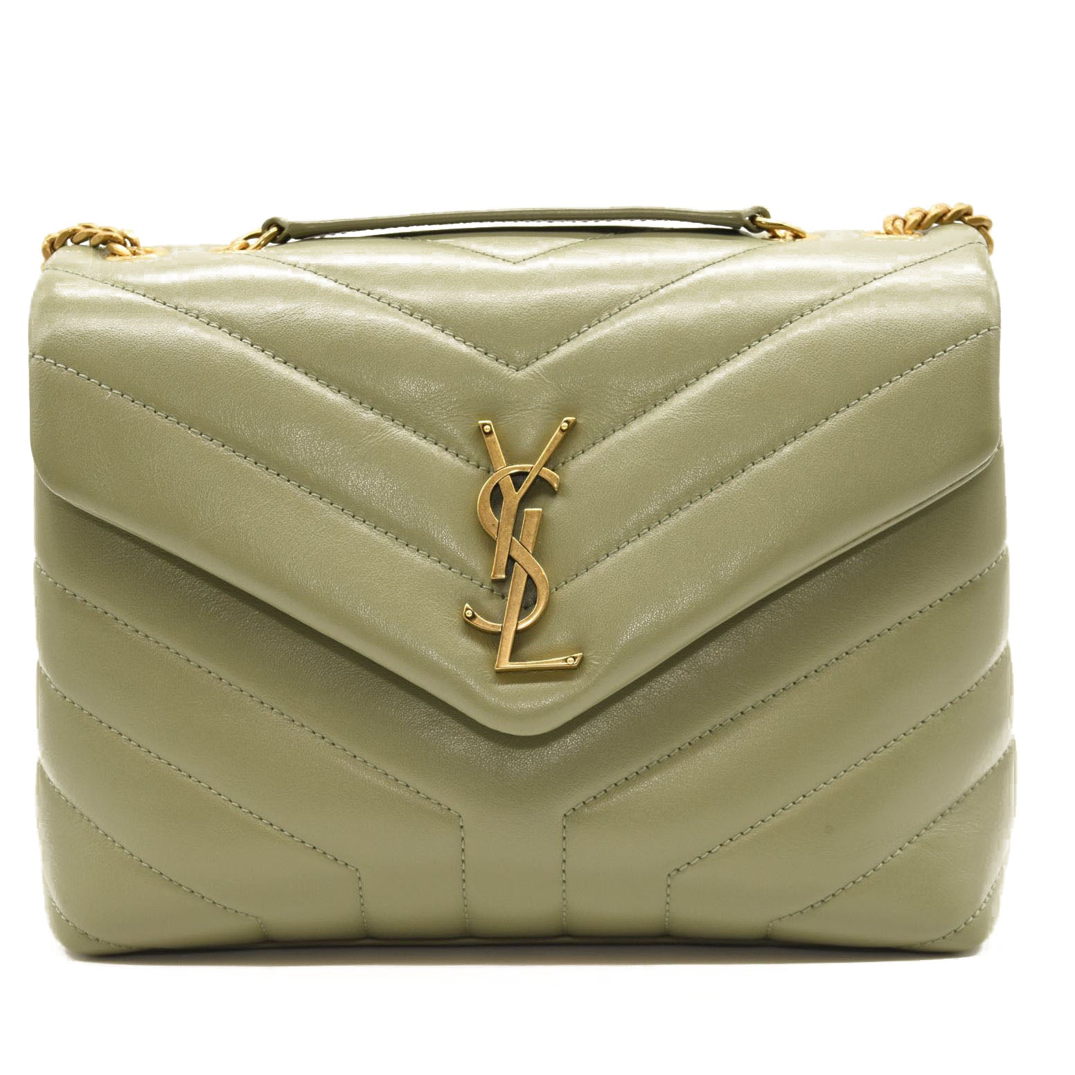 NEW $2990 SAINT LAURENT Calfskin Y Quilted Monogram Small Loulou Chain Satchel Green