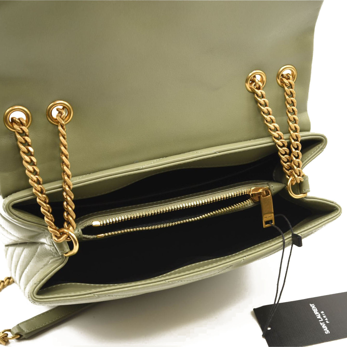 NEW $2990 SAINT LAURENT Calfskin Y Quilted Monogram Small Loulou Chain Satchel Green