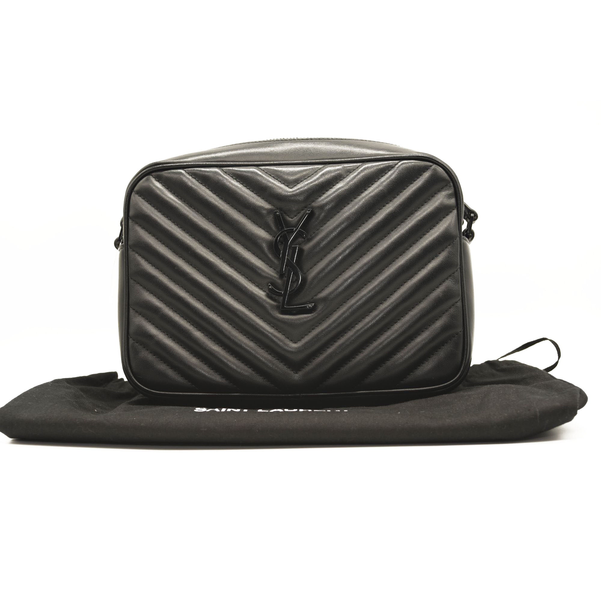 NEW $1790 SAINT LAURENT Calfskin Matelasse Monogram Monochrome Lou Camera Bag Black