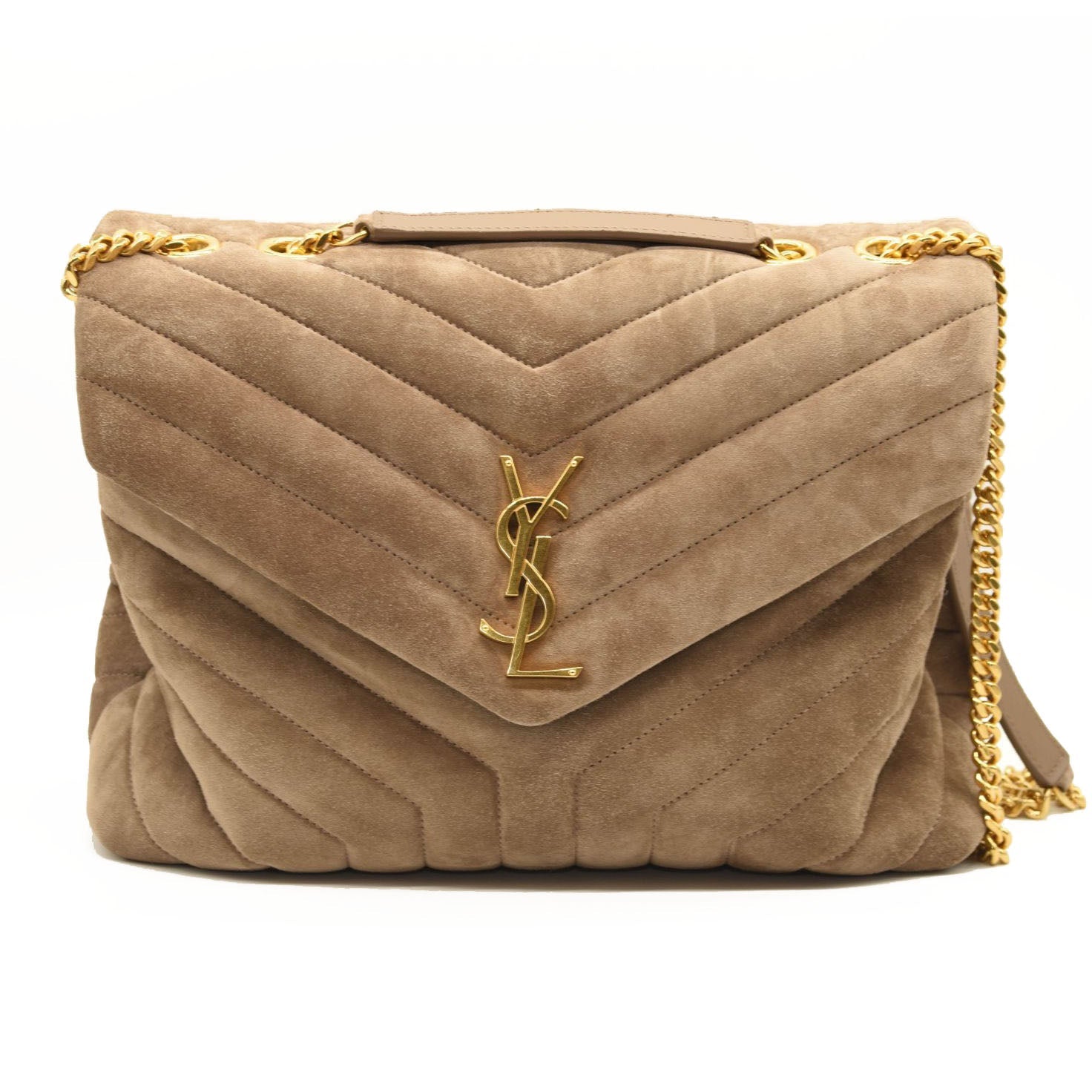 NEW $3450 SAINT LAURENT Suede Y Quilted Monogram Medium Loulou Chain Satchel Beige