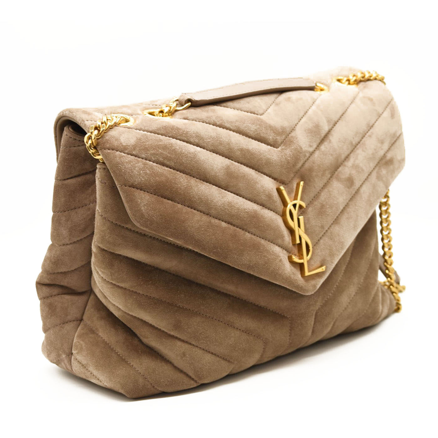 NEW $3450 SAINT LAURENT Suede Y Quilted Monogram Medium Loulou Chain Satchel Beige