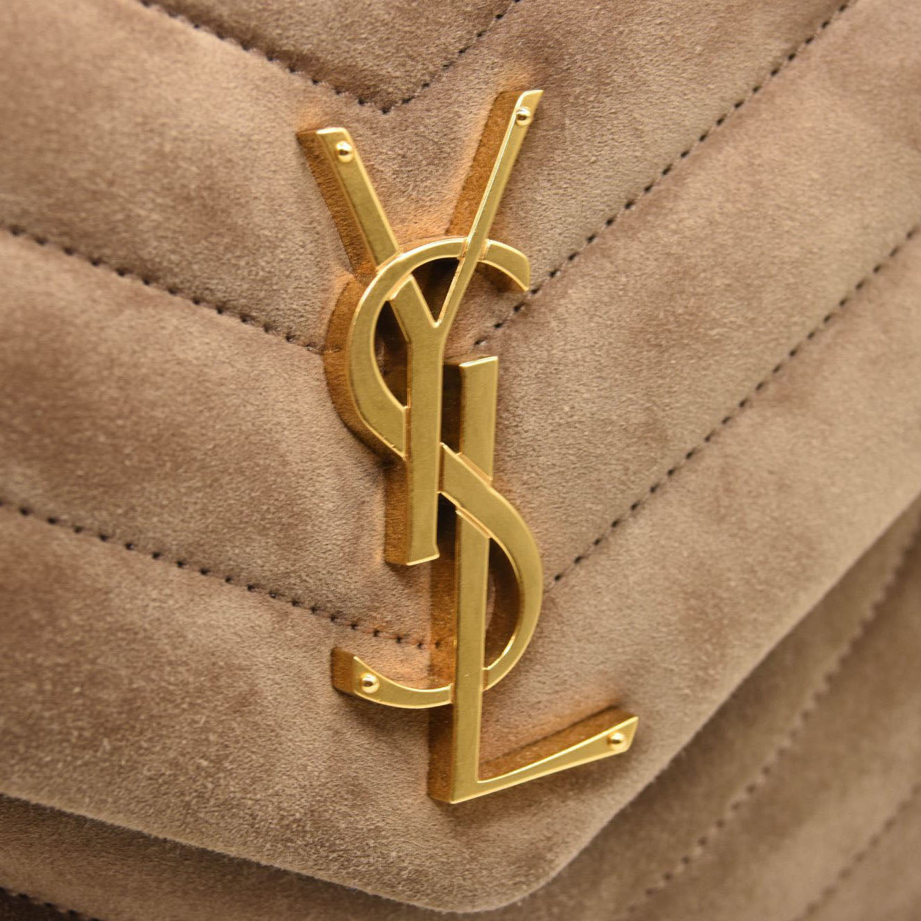 NEW $3450 SAINT LAURENT Suede Y Quilted Monogram Medium Loulou Chain Satchel Beige