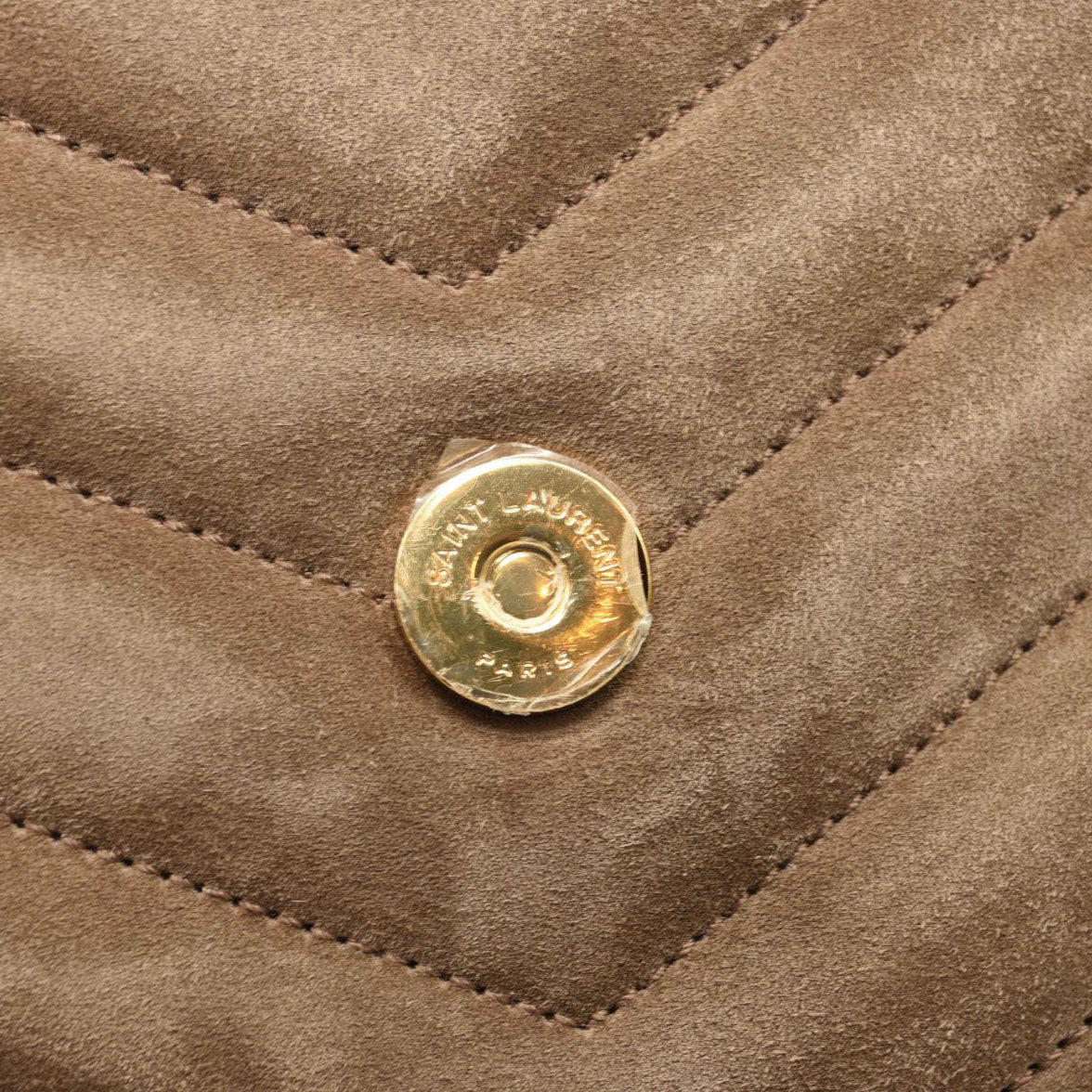 NEW $3450 SAINT LAURENT Suede Y Quilted Monogram Medium Loulou Chain Satchel Beige