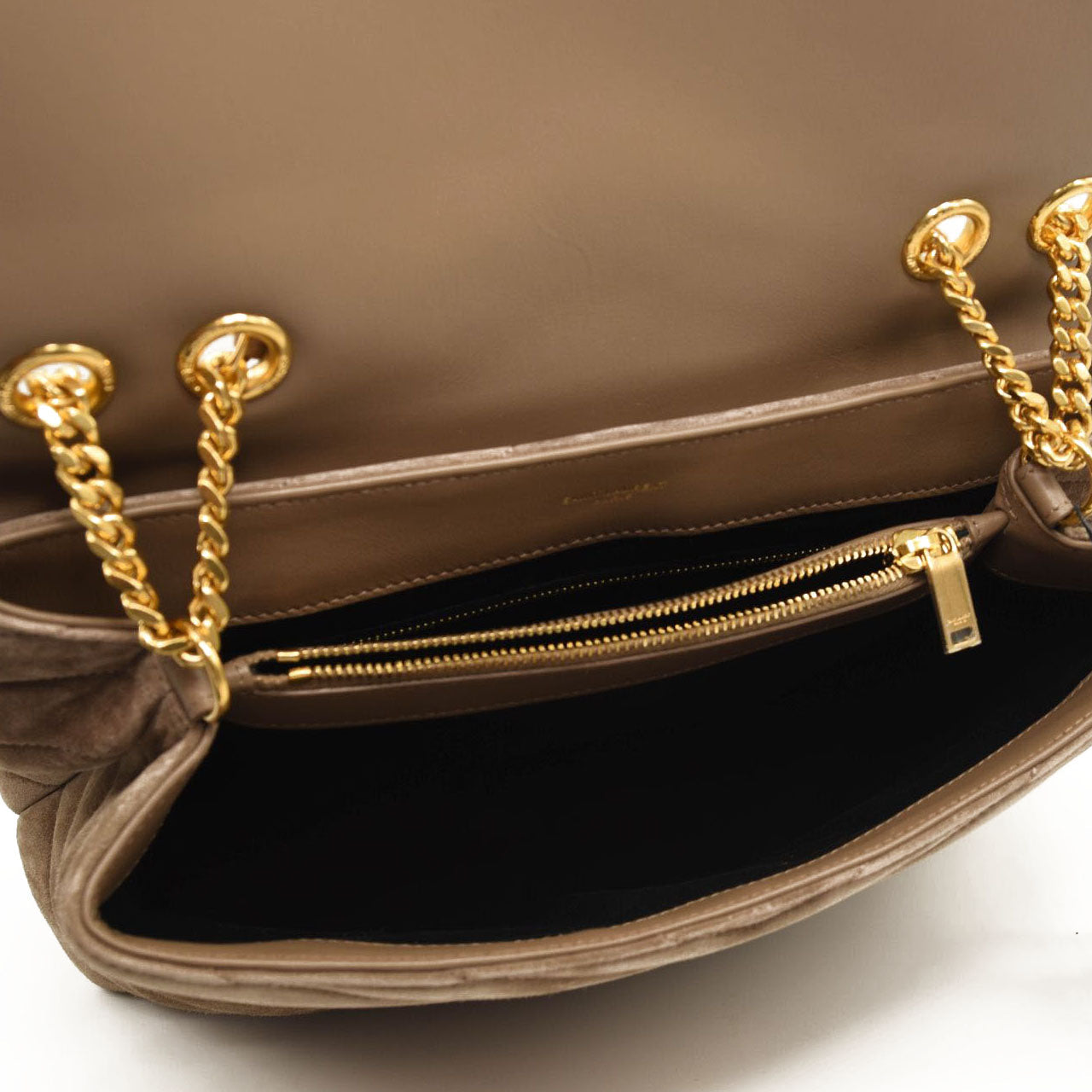 NEW $3450 SAINT LAURENT Suede Y Quilted Monogram Medium Loulou Chain Satchel Beige