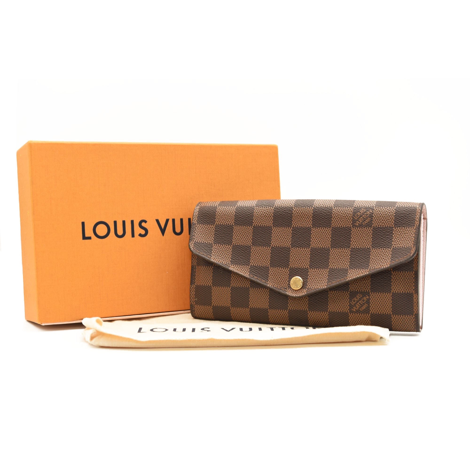$720 LOUIS VUITTON Damier Ebene Sarah Wallet NM Rose Ballerine