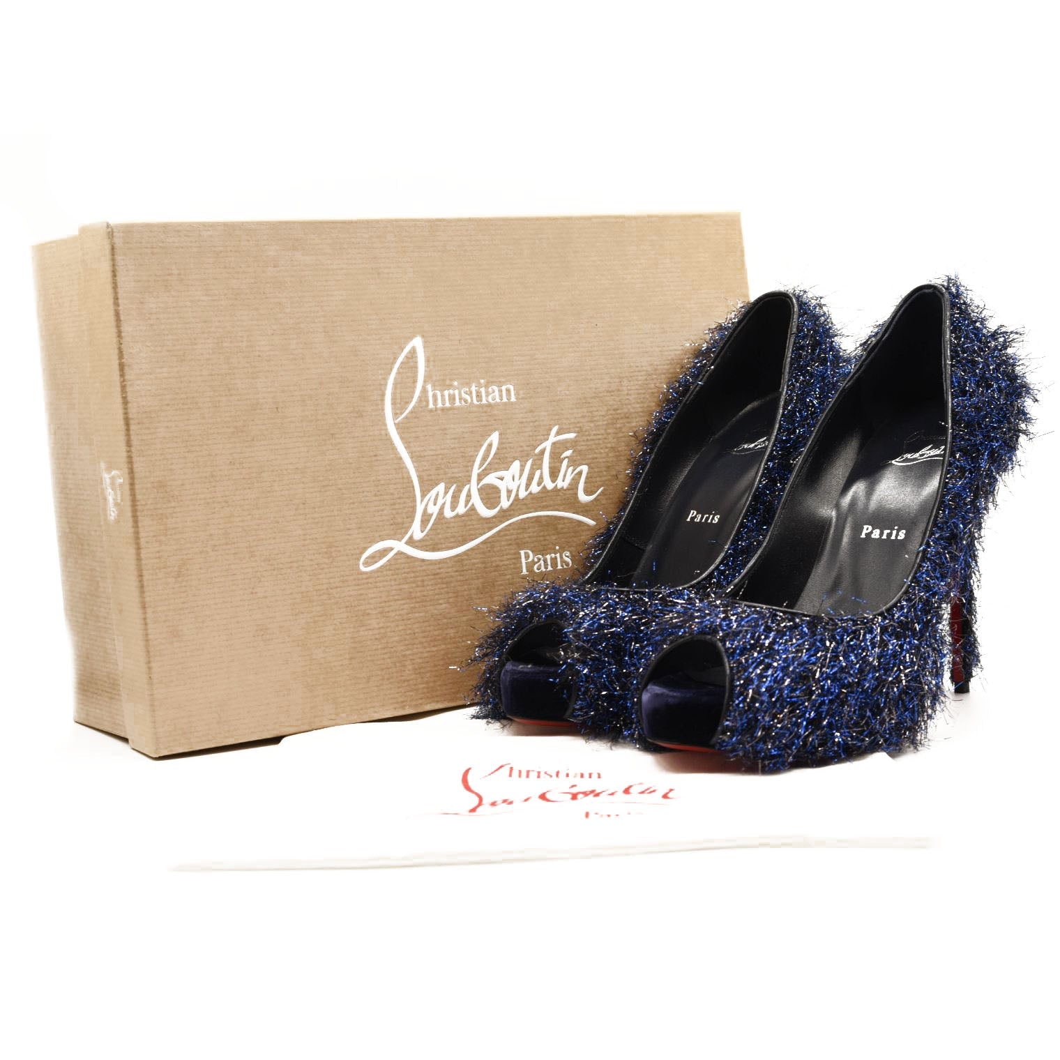 NEW $850 Christian Louboutin Very Prive 120 Peep Toe Blue Glitter Metallic Threads Pump Shoe 38.5