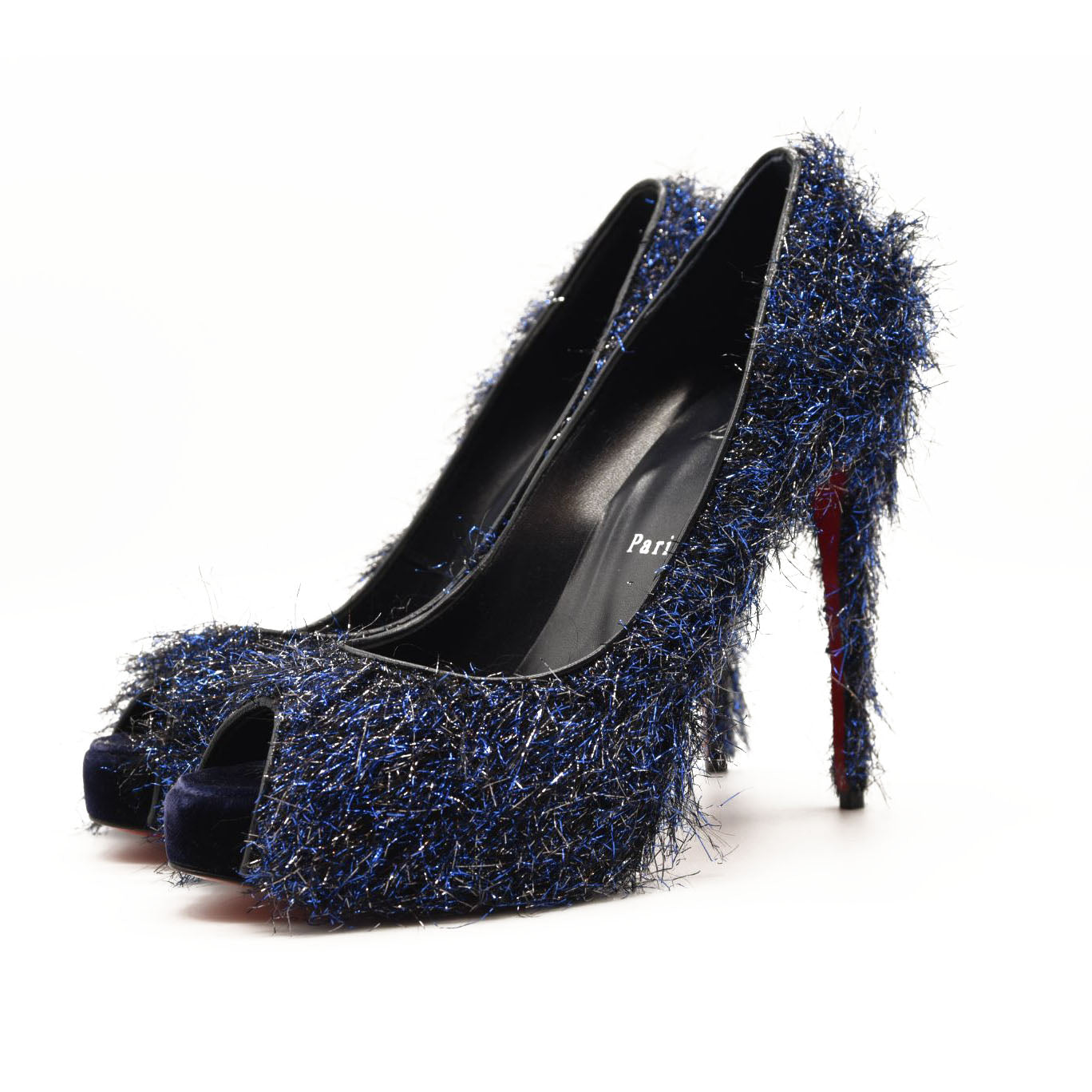 NEW $850 Christian Louboutin Very Prive 120 Peep Toe Blue Glitter Metallic Threads Pump Shoe 38.5