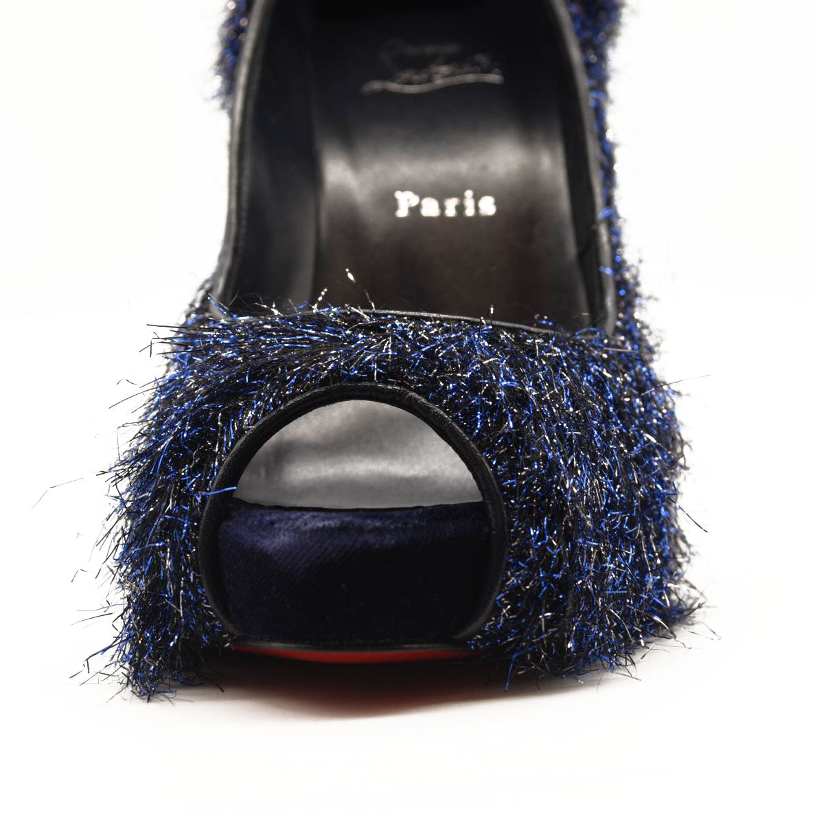 NEW $850 Christian Louboutin Very Prive 120 Peep Toe Blue Glitter Metallic Threads Pump Shoe 38.5