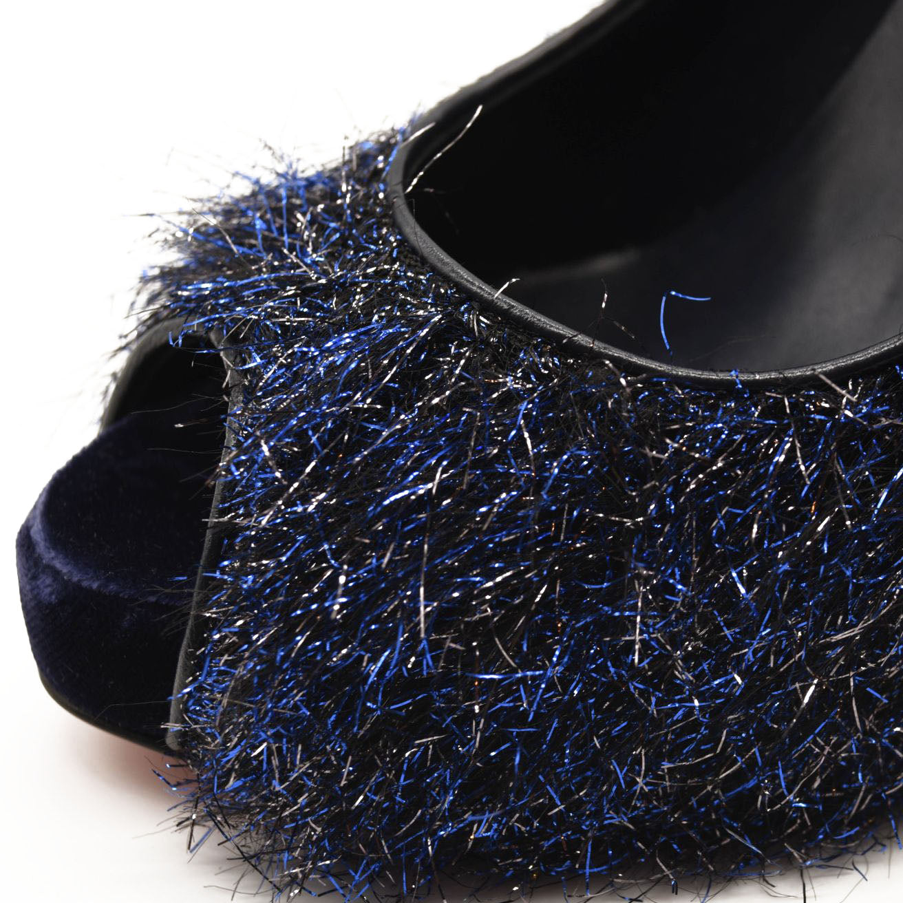 NEW $850 Christian Louboutin Very Prive 120 Peep Toe Blue Glitter Metallic Threads Pump Shoe 38.5