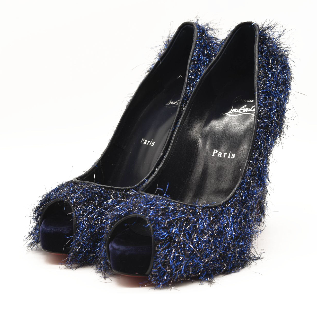 NEW $850 EU 38 Christian Louboutin Very Prive 120 Peep Toe Blue Metallic Threads Pump