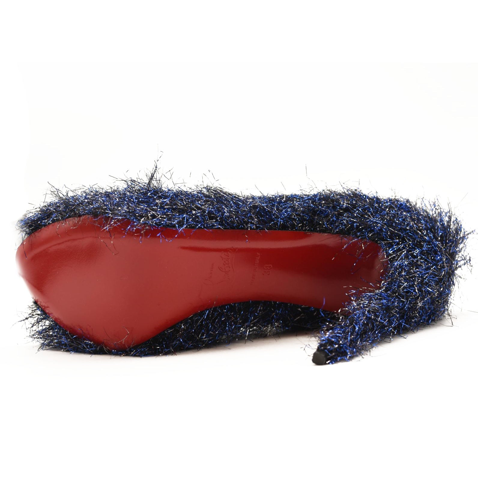 NEW $850 EU 38 Christian Louboutin Very Prive 120 Peep Toe Blue Metallic Threads Pump