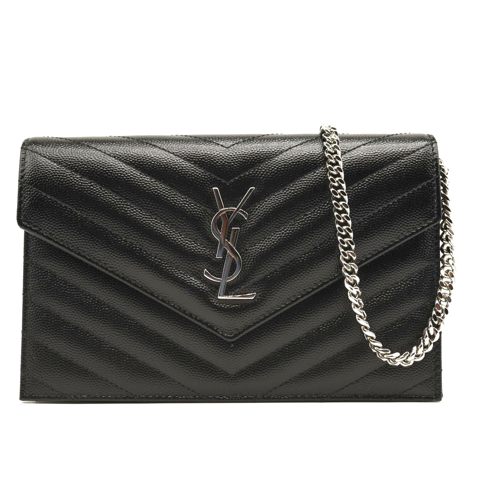 NEW SAINT LAURENT Grain De Poudre Matelasse Chevron Monogram Chain Wallet Black Silver