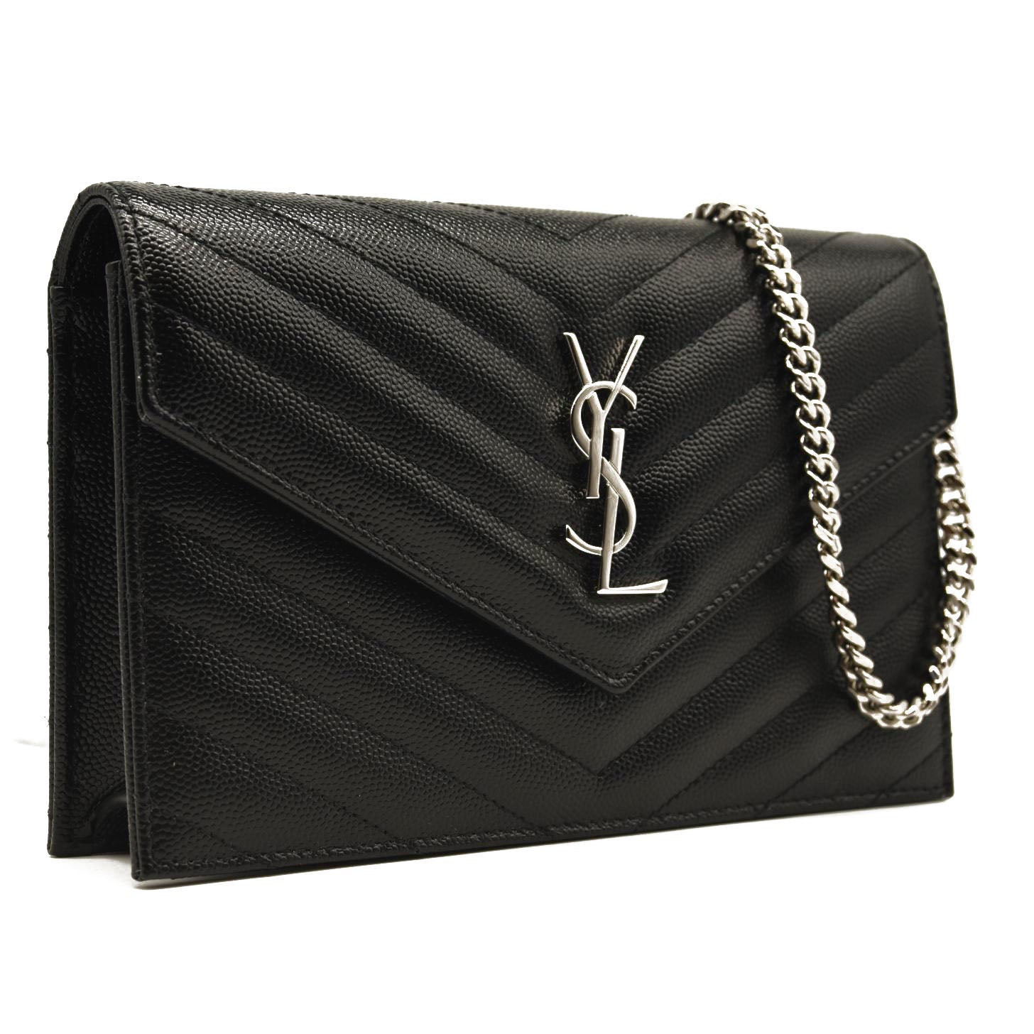 NEW SAINT LAURENT Grain De Poudre Matelasse Chevron Monogram Chain Wallet Black Silver