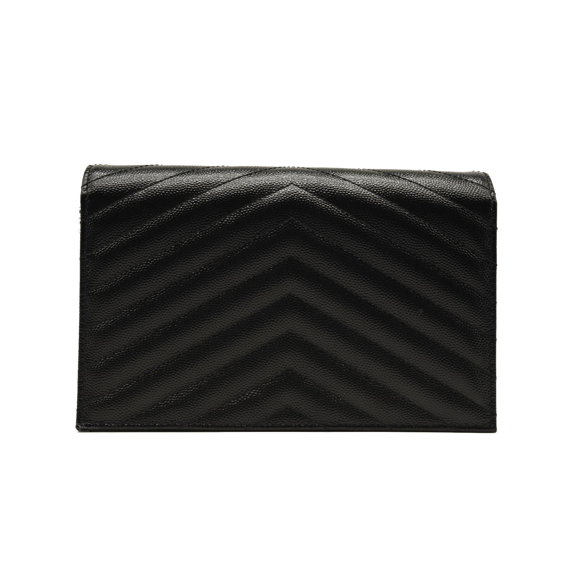 NEW SAINT LAURENT Grain De Poudre Matelasse Chevron Monogram Chain Wallet Black Silver
