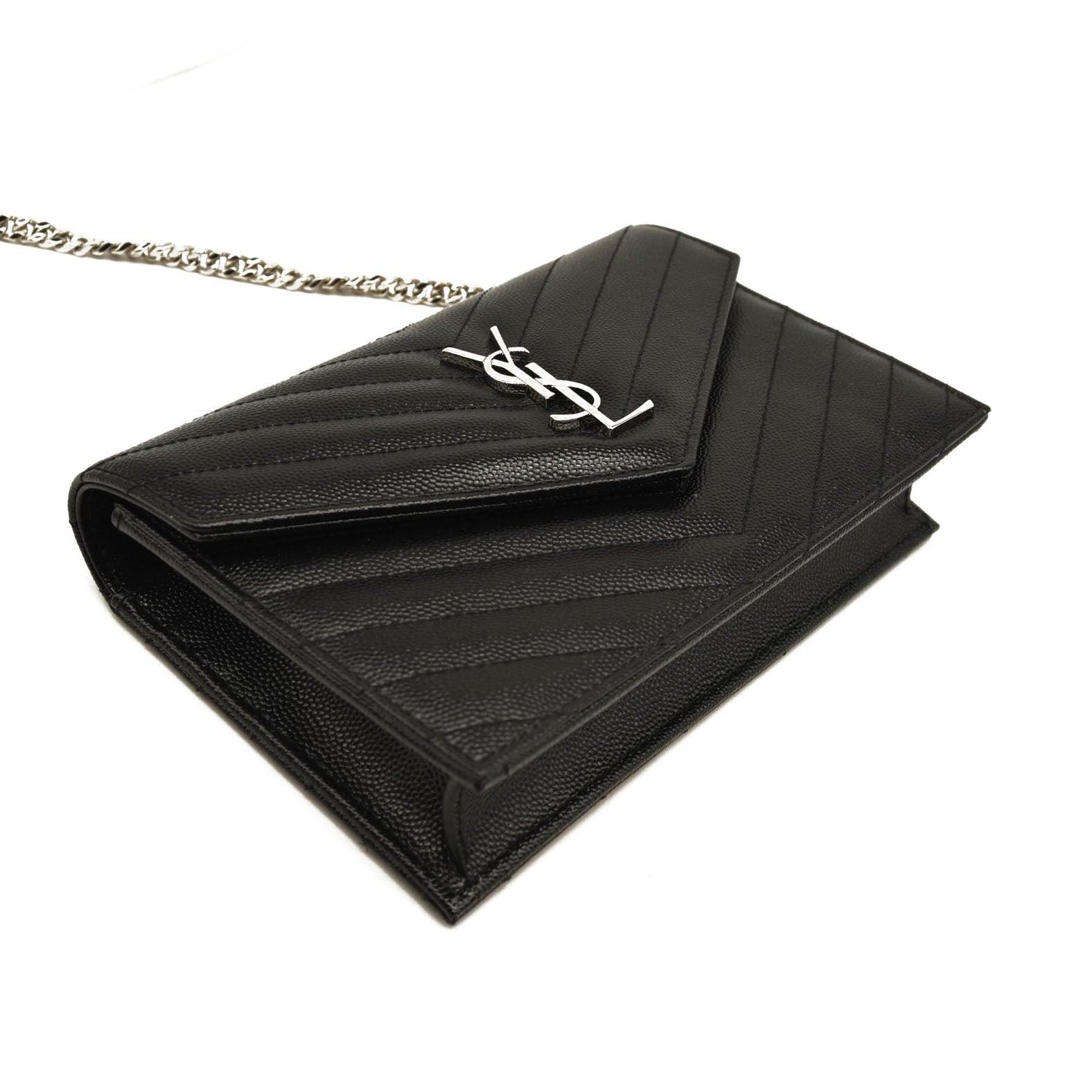 NEW SAINT LAURENT Grain De Poudre Matelasse Chevron Monogram Chain Wallet Black Silver