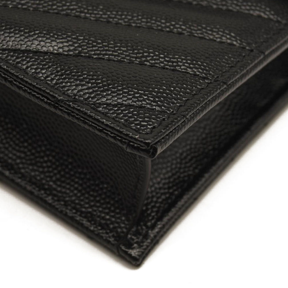 NEW SAINT LAURENT Grain De Poudre Matelasse Chevron Monogram Chain Wallet Black Silver