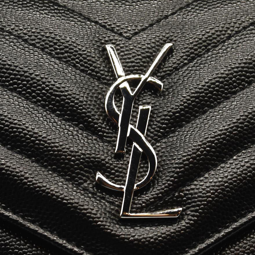 NEW SAINT LAURENT Grain De Poudre Matelasse Chevron Monogram Chain Wallet Black Silver