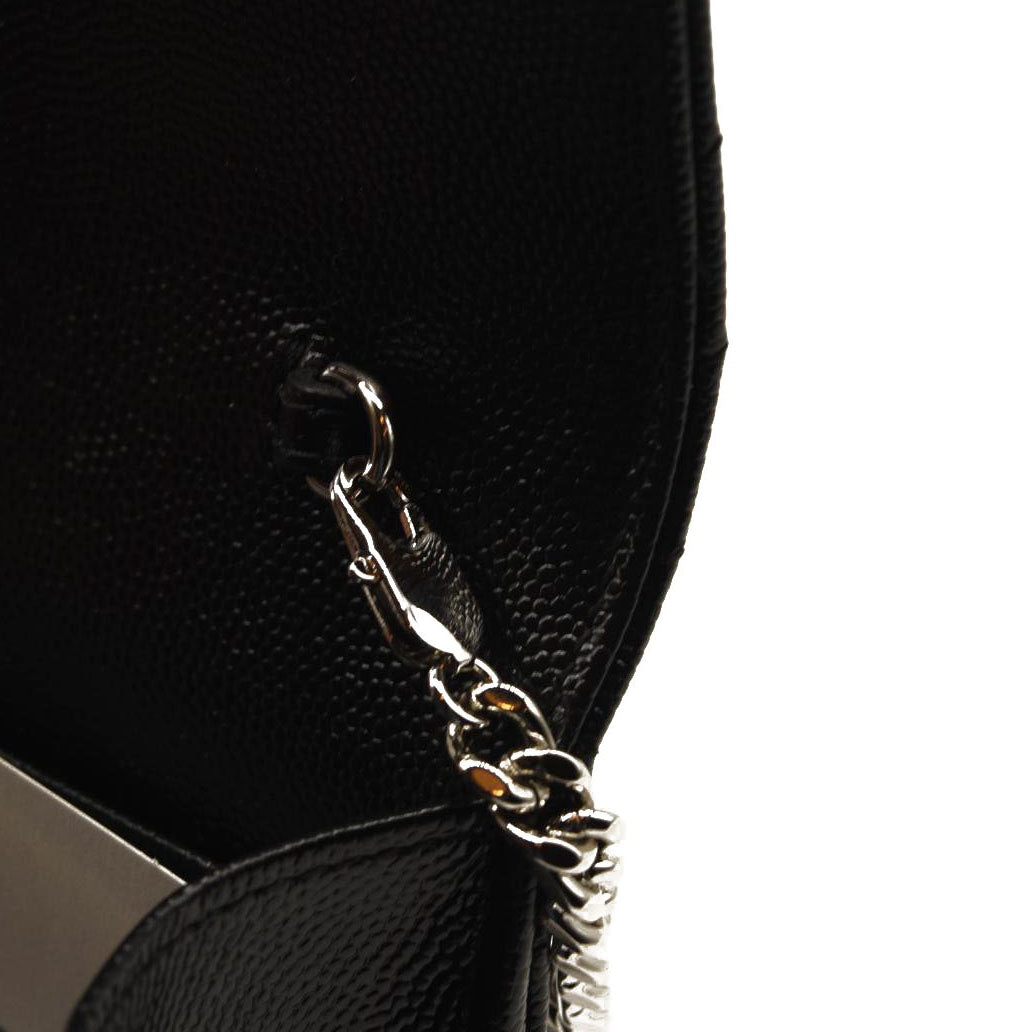 NEW SAINT LAURENT Grain De Poudre Matelasse Chevron Monogram Chain Wallet Black Silver