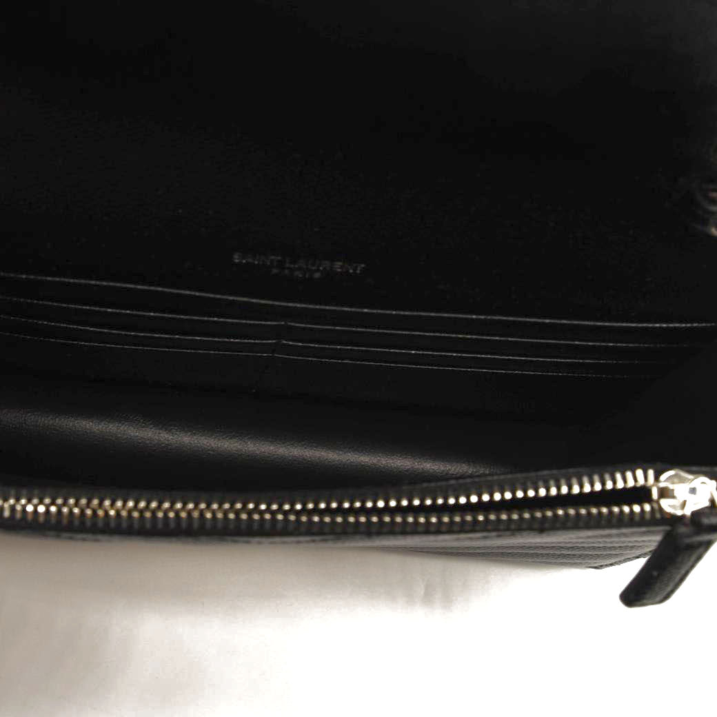 NEW SAINT LAURENT Grain De Poudre Matelasse Chevron Monogram Chain Wallet Black Silver