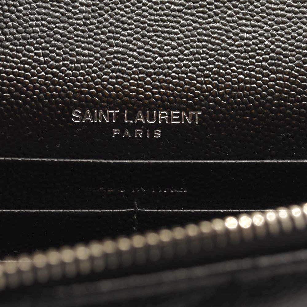 NEW SAINT LAURENT Grain De Poudre Matelasse Chevron Monogram Chain Wallet Black Silver
