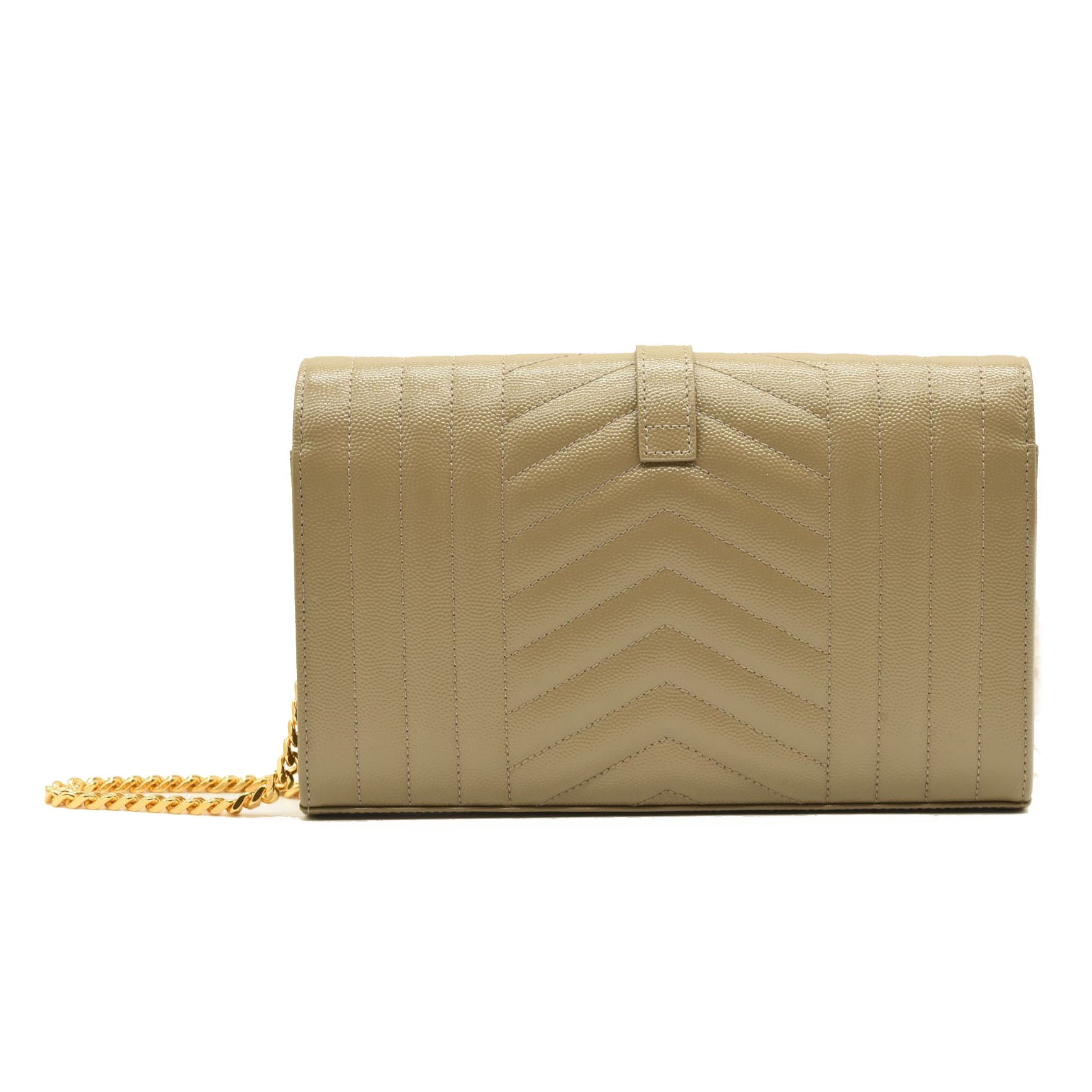 $1990 SAINT LAURENT Grain De Poudre Mixed Matelasse Triquilt Monogram Chain Wallet Dark Beige