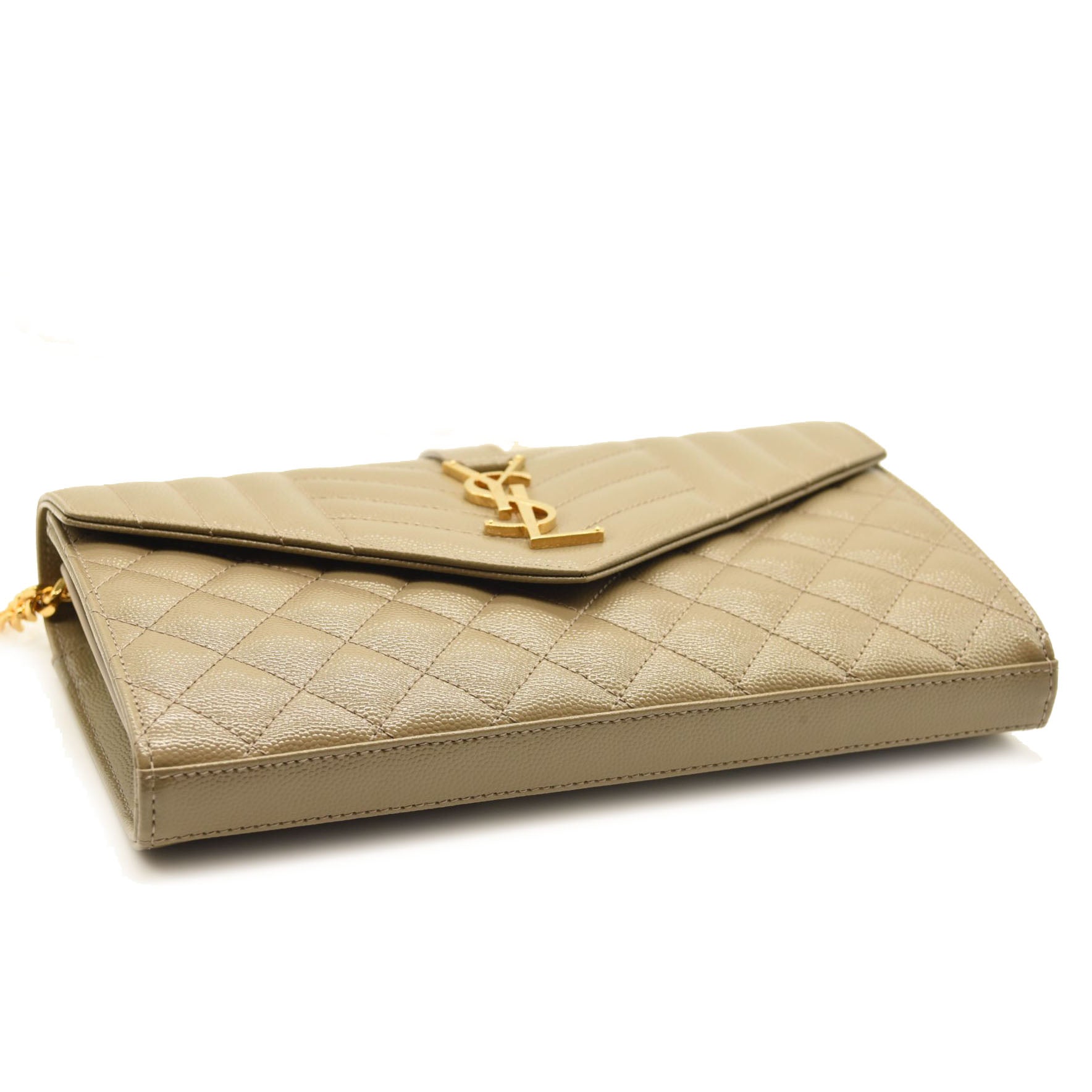 $1990 SAINT LAURENT Grain De Poudre Mixed Matelasse Triquilt Monogram Chain Wallet Dark Beige