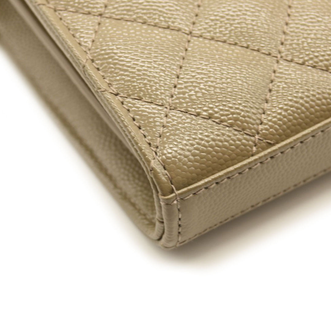 $1990 SAINT LAURENT Grain De Poudre Mixed Matelasse Triquilt Monogram Chain Wallet Dark Beige