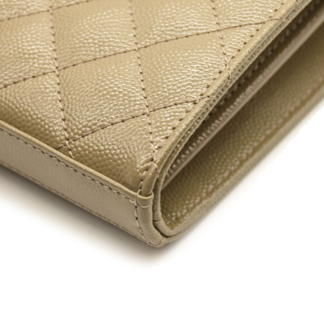 $1990 SAINT LAURENT Grain De Poudre Mixed Matelasse Triquilt Monogram Chain Wallet Dark Beige