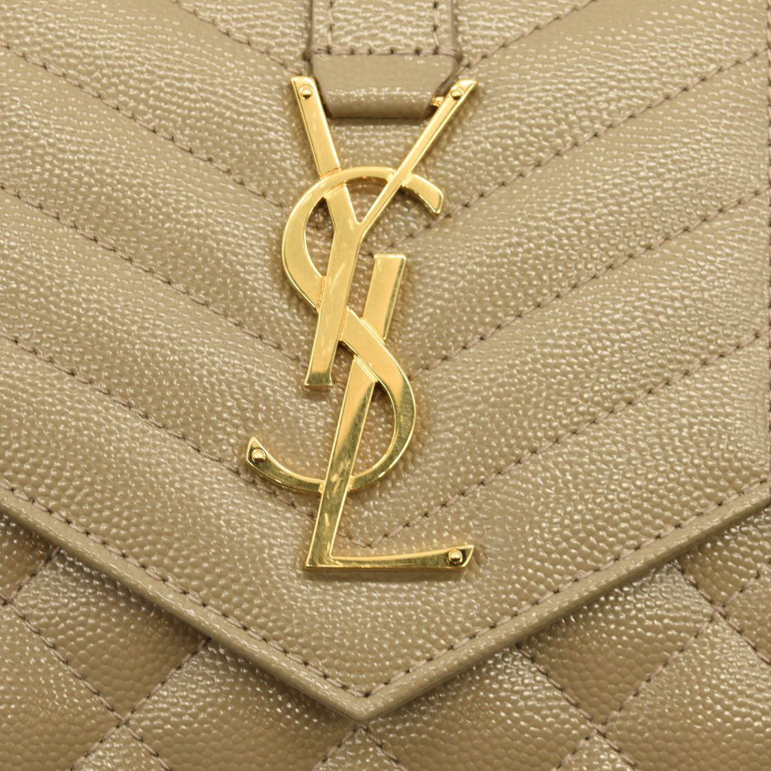 $1990 SAINT LAURENT Grain De Poudre Mixed Matelasse Triquilt Monogram Chain Wallet Dark Beige