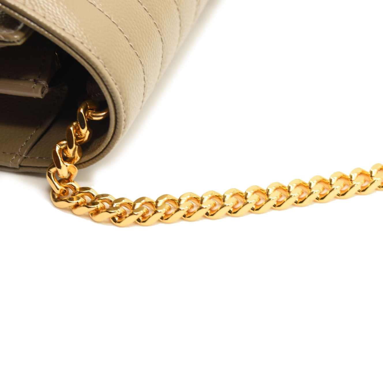 $1990 SAINT LAURENT Grain De Poudre Mixed Matelasse Triquilt Monogram Chain Wallet Dark Beige