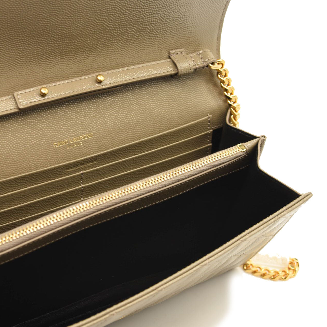 $1990 SAINT LAURENT Grain De Poudre Mixed Matelasse Triquilt Monogram Chain Wallet Dark Beige