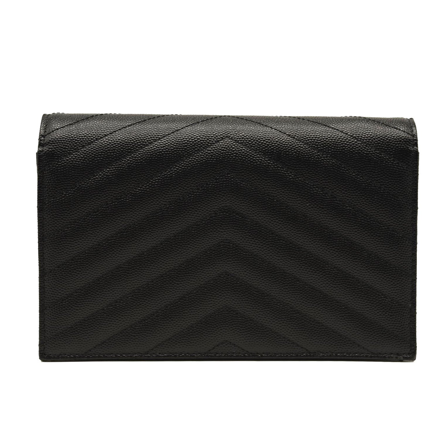 NEW SAINT LAURENT Grain De Poudre Matelasse Chevron Monogram Chain Wallet Black Silver