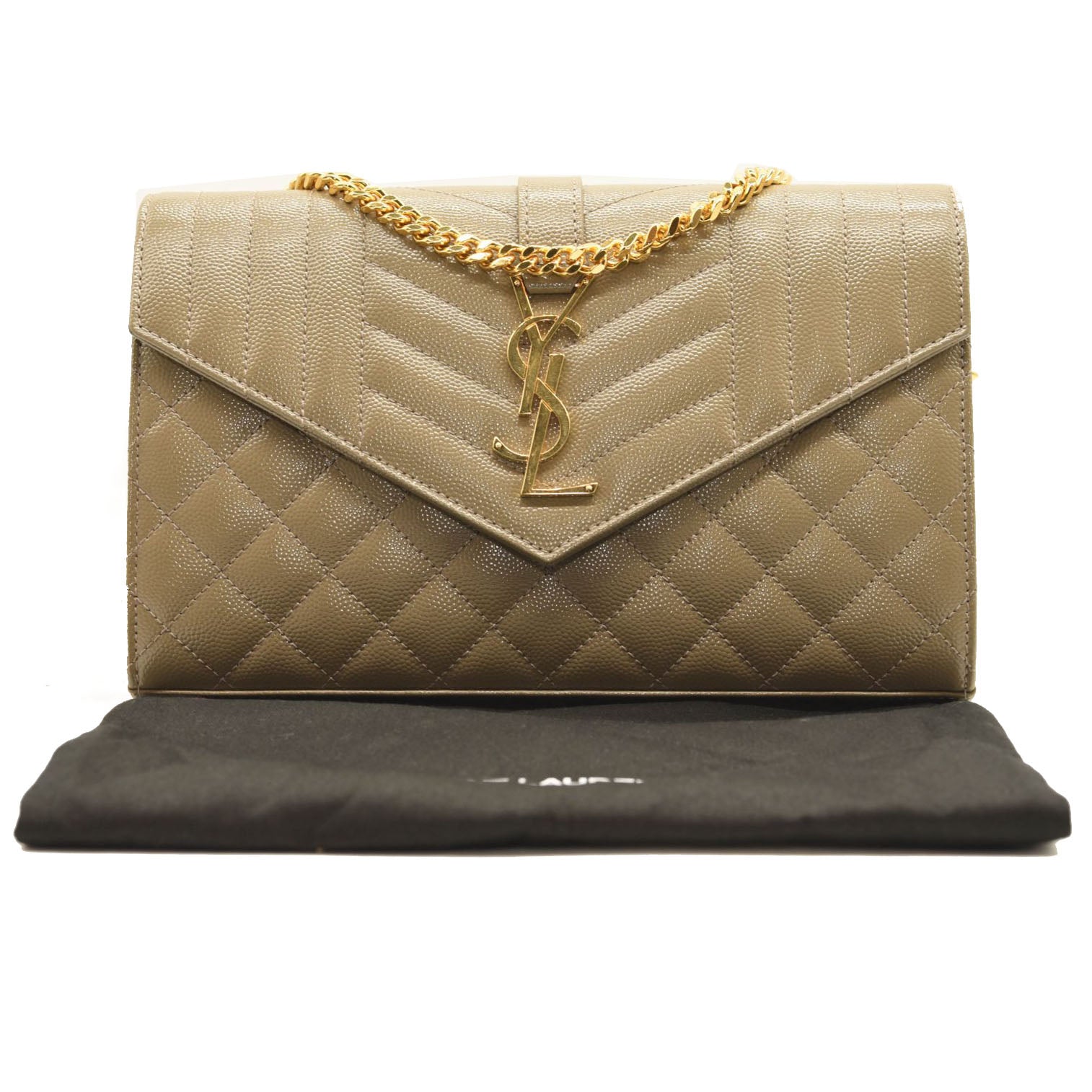 $1990 SAINT LAURENT Grain De Poudre Mixed Matelasse Triquilt Monogram Chain Wallet Dark Beige