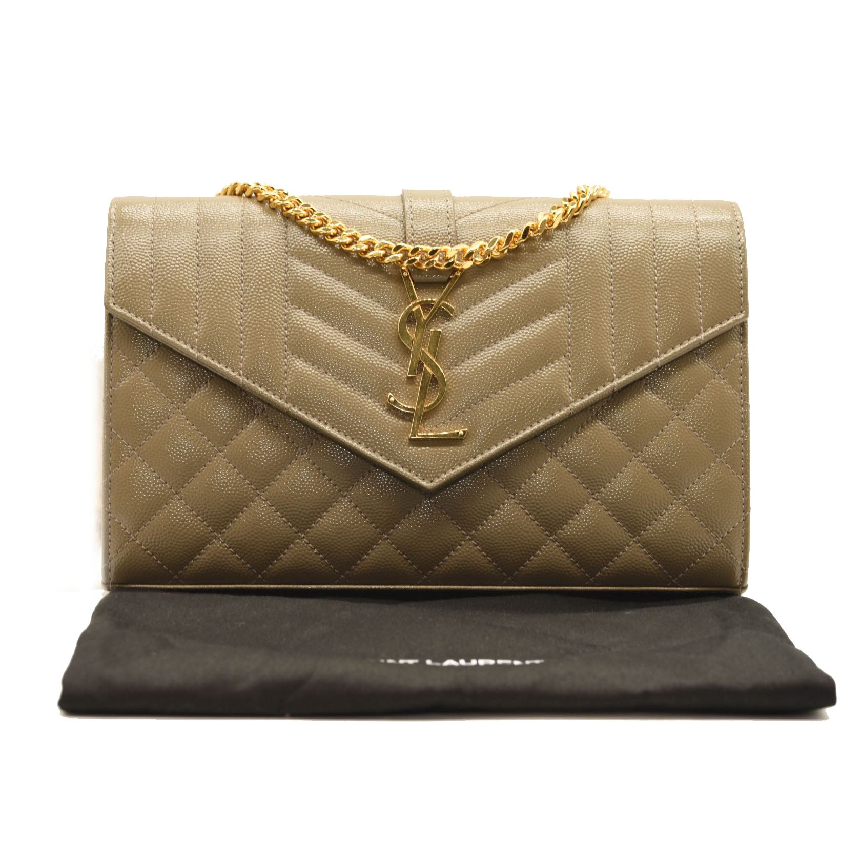 $1990 SAINT LAURENT Grain De Poudre Mixed Matelasse Triquilt Monogram Chain Wallet Dark Beige