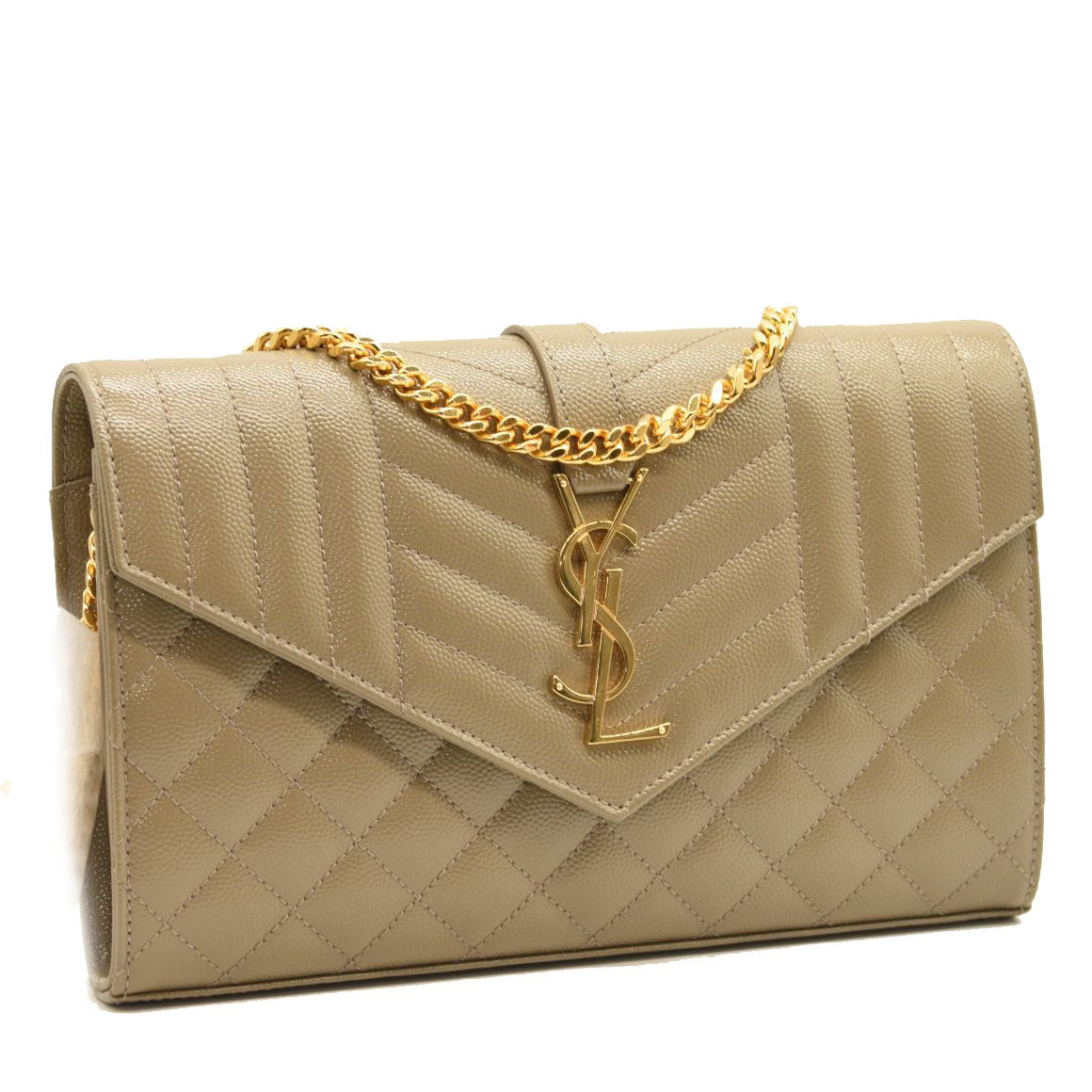 $1990 SAINT LAURENT Grain De Poudre Mixed Matelasse Triquilt Monogram Chain Wallet Dark Beige